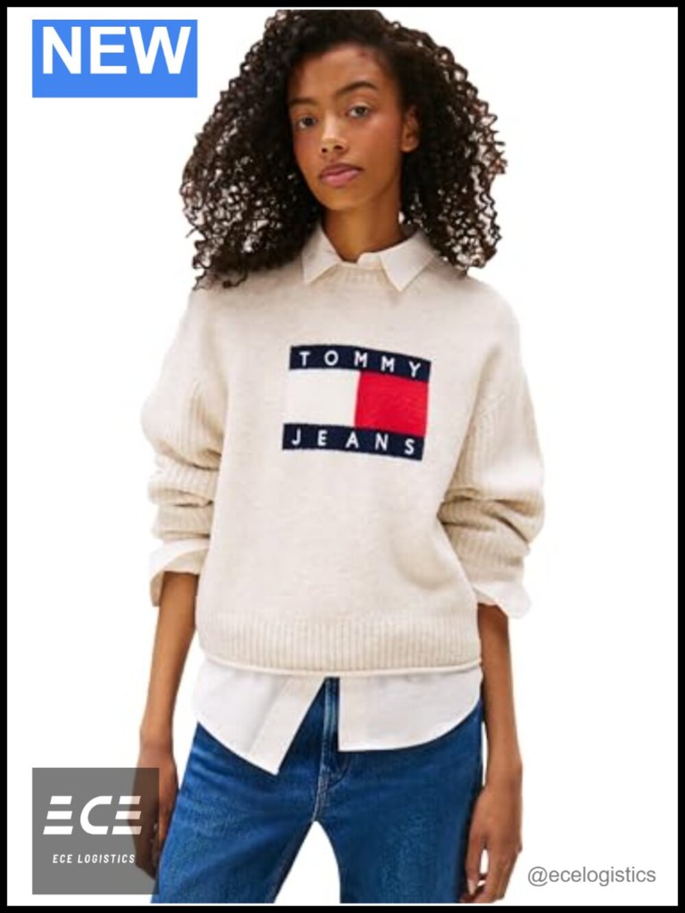 Wool Blend Pullover Crewneck Sweater with Knit Big Flag Logo